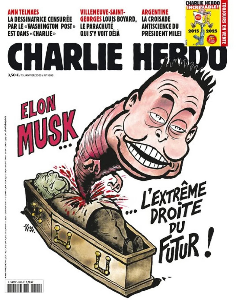 Σκίτσο του Charlie Hebdo με τον Μασκ… σκουλήκι στη σορό του Λεπέν