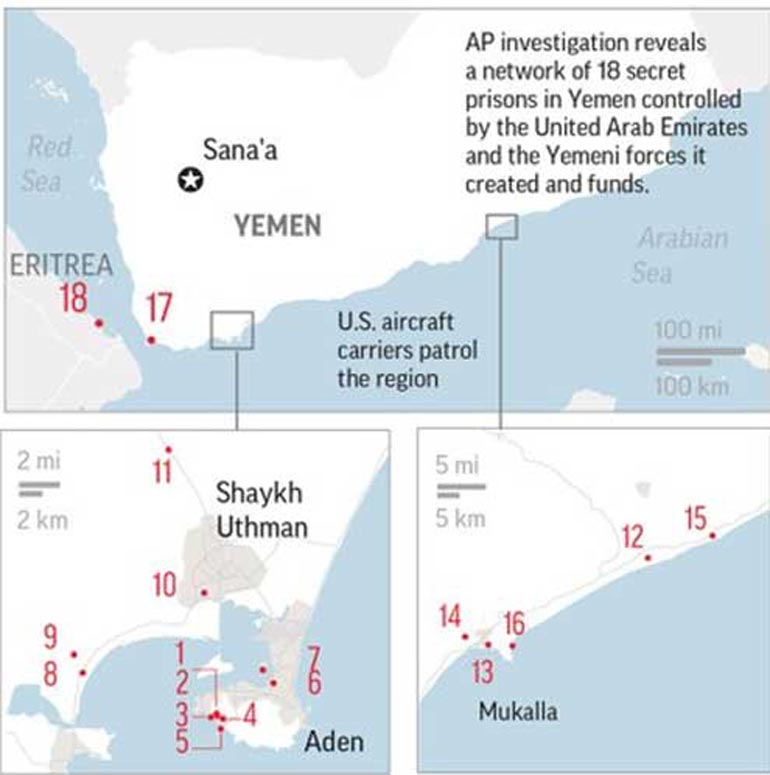  Χάρτης του ΑΡ που αποκαλύπτει τα σημεία που βρίσκονται οι 18 μυστικές φυλακές που ελέγχονται από τα Ηνωμένα Αραβικά Εμιράτα στη Ν. Υεμένη.