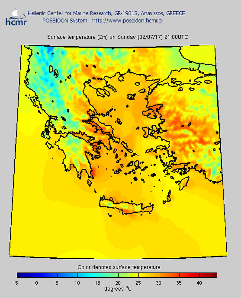 Χάρτης θερμοκρασιών: Κυριακή 21.00 μμ 