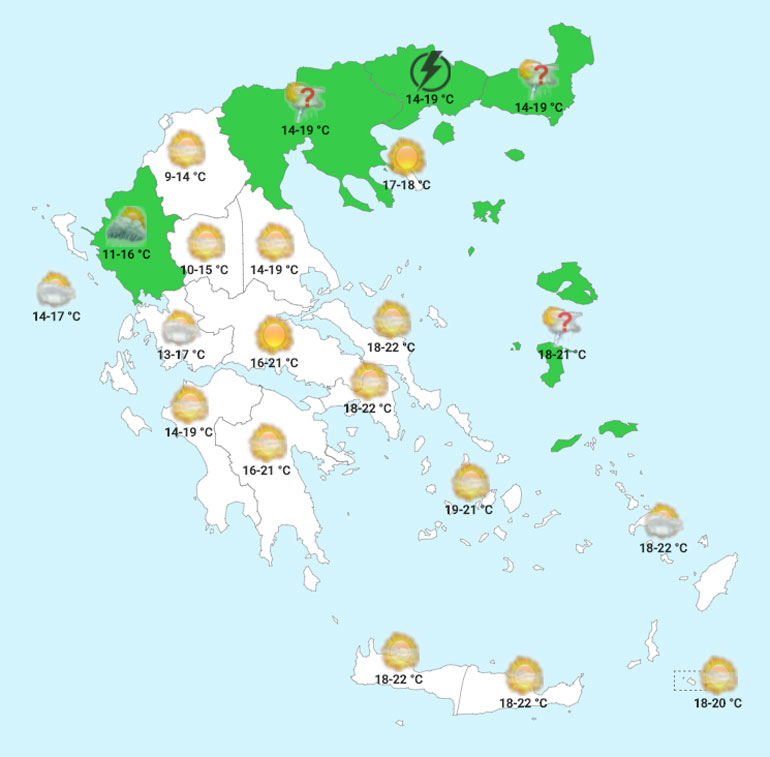 Χάρτης πρόγνωσης του καιρού για το πρωί της Κυριακής ( Πηγή: forecastweather.gr) 