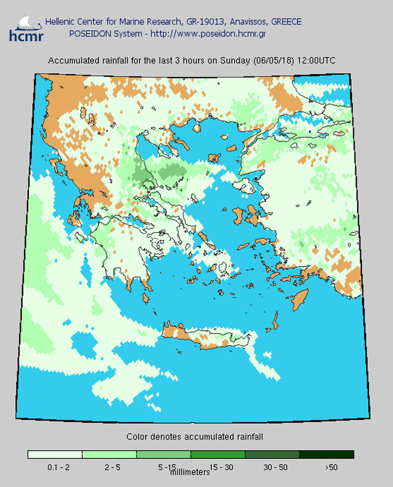 Βροχοπτώσεις, Kυριακή 12.00  