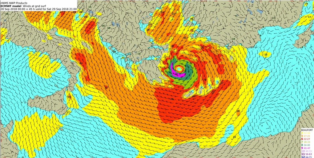 Πεδίο ανέμων επιφανείας το Σάββατο στις 21:00 UTC