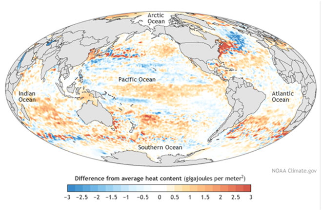 Η αύξηση της θερμοκρασίας των ωκεανών όπως είχε καταμετρηθεί το 2014 με σύγκριση 20 τελευταίων χρόνων από το αμερικανικό Εθνικό Κέντρο Ωκεανών και Ατμόσφαιρας  