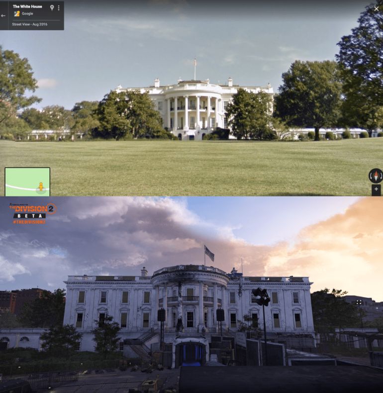 O Λευκός Οίκος: Πραγματική φωτογραφία (πάνω) - The Division 2 (κάτω)