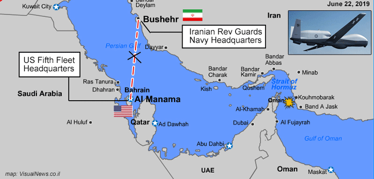 Στον χάρτη φαίνεται η κόκκινη γραμμή επικοινωνίας, μεταξύ του πέμπτου αμερικανικού στόλου στο Μπαχρέιν και στην άλλη άκρη η έδρα των ναυτικών δυνάμεων που ελέγχουν οι Φρουροί της Επανάστασης