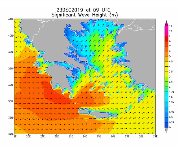 Εκτιμώμενο σημαντικό ύψος κύματος τις πρωινές ώρες της Δευτέρας 23/12/2019, όπως υπολογίζεται από το κυματικό αριθμητικό μοντέλο WAM του Εθνικού Αστεροσκοπείου Αθηνών