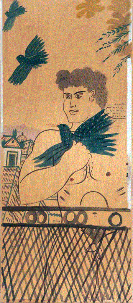 Αλέκος Φασιανός - Νέος ατενίζων τον Αγ. Παντελεήμονα - ακρυλικό σε ξύλινη πόρτα - 223 x 100 cm - 15.000-20.000
