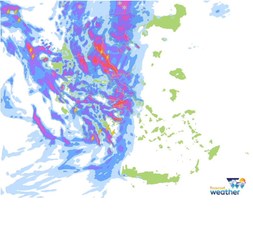 O χάρτης  πρόβλεψης καιρού του forecastweather για την Παρασκευή στις 15.00 (σημειώνονται οι βροχοπτώσεις)