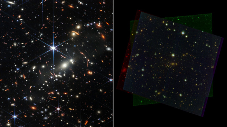 Στα αριστερά η φωτογραφία του James Webb και στα δεξιά του Hubble.