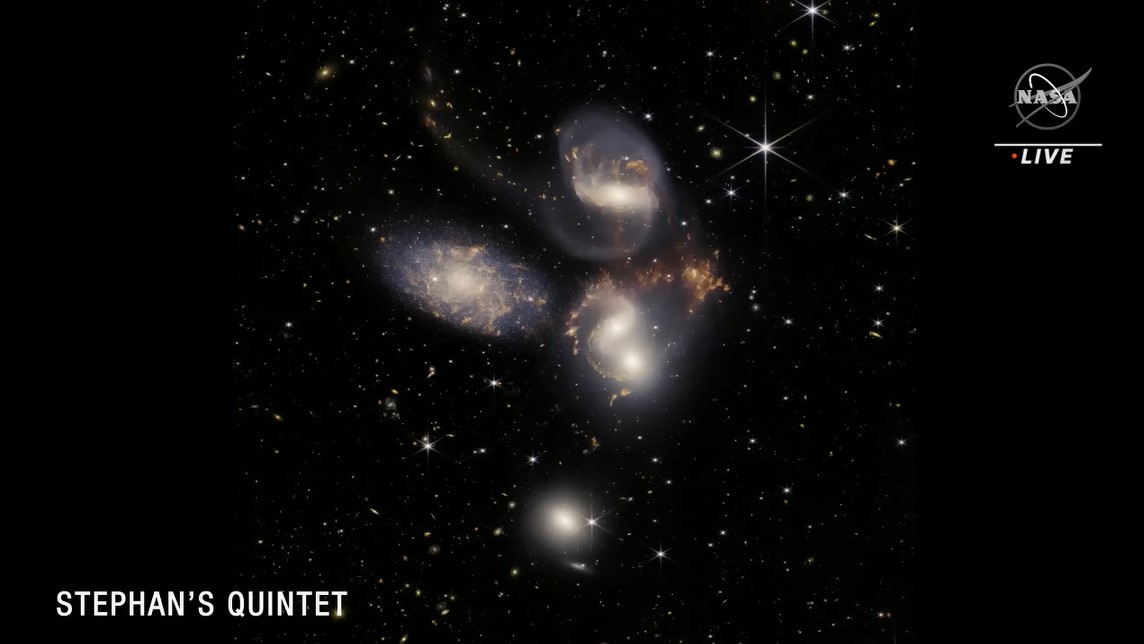 Το Κουιντέτο του Στεφάν, που δείχνει πέντε γαλαξίες, τέσσερις από τους οποίους αλληλεπιδρούν, συγκρούονται μεταξύ τους και τραβούν και τεντώνουν ο ένας τη βαρύτητα του άλλου.