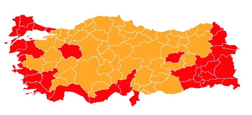 Με κίτρινο οι περιοχές που προηγείται ο Ερντογάν - Με κόκκινο αυτές που προηγείται ο Κιλιτσντάρογλου