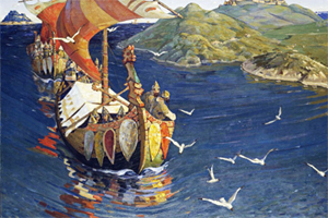 Το έργο του ζωγράφου Νικολάι Ρέριχ «Οι φίλοι πέρα από τη θάλασσα» δείχνει τους Ρώσους που ταξιδεύουν προς το Βυζάντιο