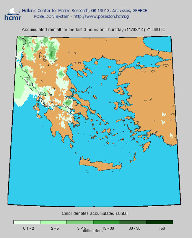 Το χρώμα δηλώνει το αθροιστικό ύψος της βροχόπτωσης το τελευταίο 3ωρο