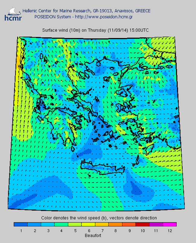 Το χρώμα δηλώνει την ένταση του ανέμου στην κλίμακα μποφόρ