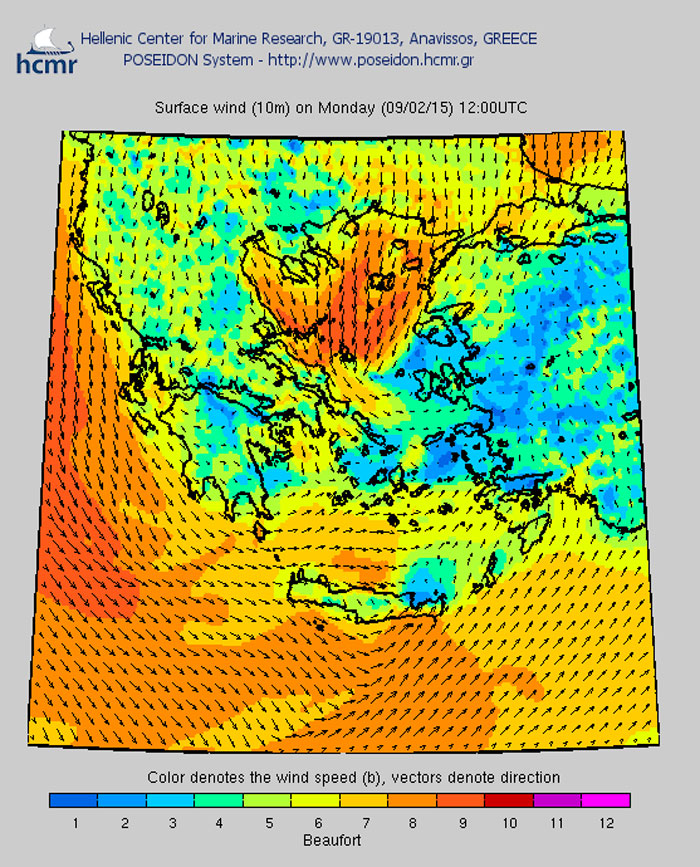 Το χρώμα δηλώνει την ένταση του ανέμου στην κλίμακα μποφόρ