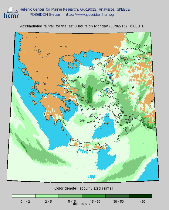Το χρώμα δηλώνει το αθροιστικό ύψος της βροχόπτωσης το τελευταίο 3ωρο