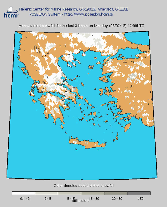 Το χρώμα δηλώνει το αθροιστικό ύψος της χιονόπτωσης το τελευταίο 3ωρο