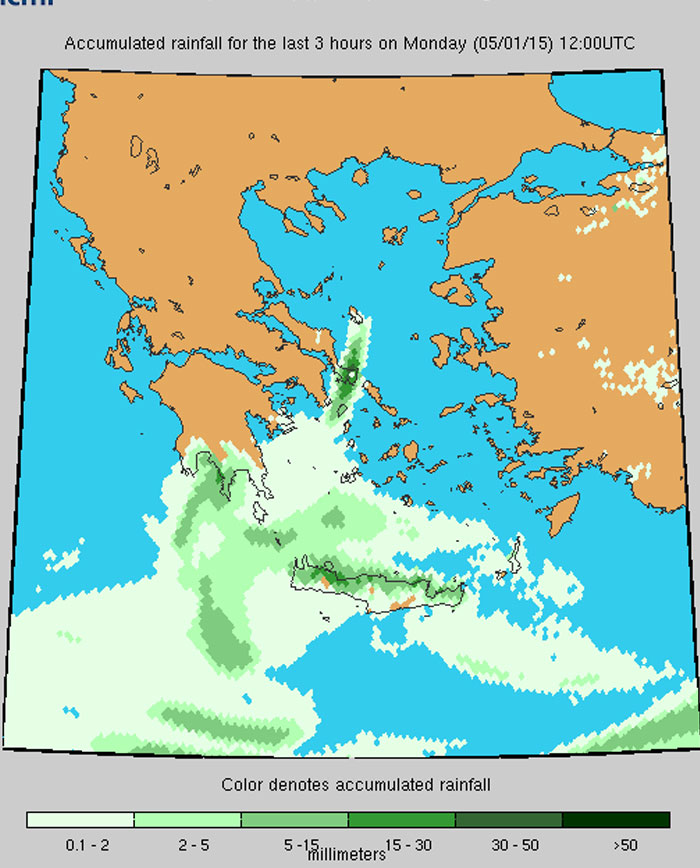 Το χρώμα δηλώνει το αθροιστικό ύψος της βροχόπτωσης το τελευταίο 3ωρο