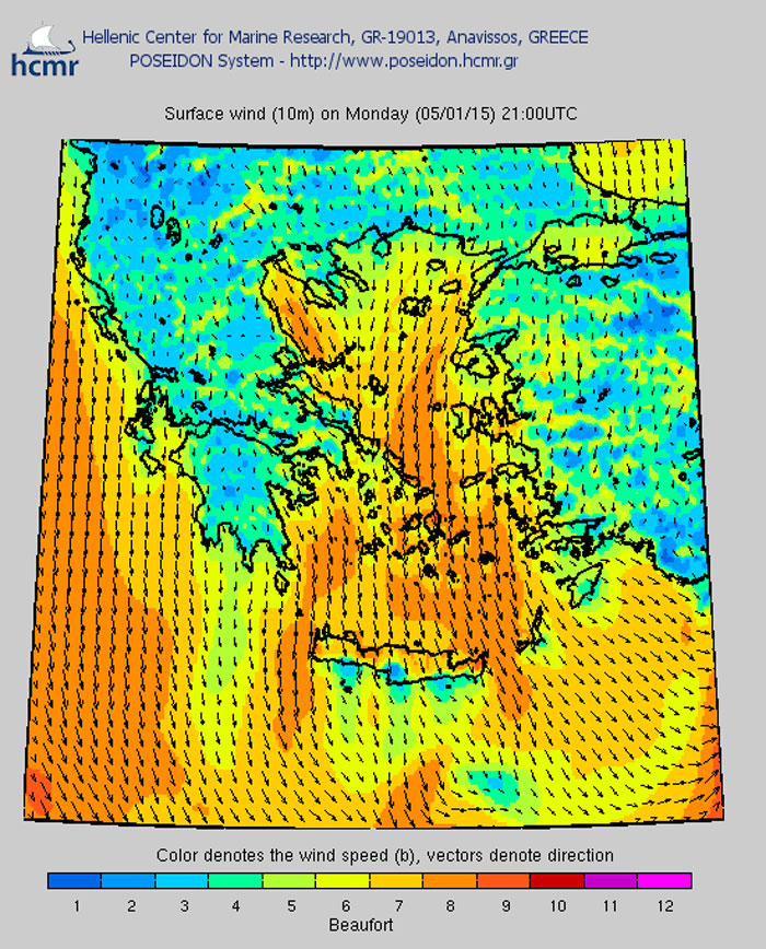 Το χρώμα δηλώνει την ένταση του ανέμου στην κλίμακα μποφόρ