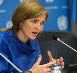 Η πρεσβευτής των ΗΠΑ  Samantha Power  στο Συμβούλιο Ασφαλείας του ΟΗΕ