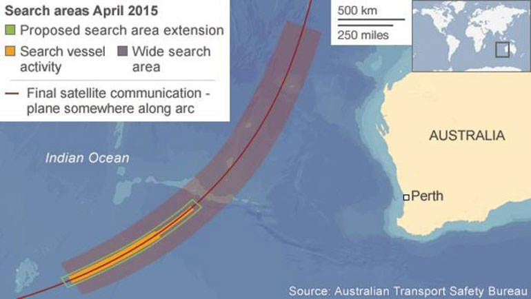 BBC: Χάρτης με τη διευρυμένη περιοχή των ερευνών για τη χαμένη πτήση (Απρίλιος 2015)
