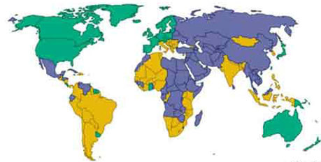 Ο χάρτης χωρισμένος χρωματικά ανάλογα με την αξιολόγηση των χωρών αναφορικά με την Ελευθερία Τύπου. Η κλίμακα ξεκινά από το πράσινο, συνεχίζει στο μοβ και καταλήγει στο κίτρινο. Η Ελλάδα έχει κίτρινο χρώμα